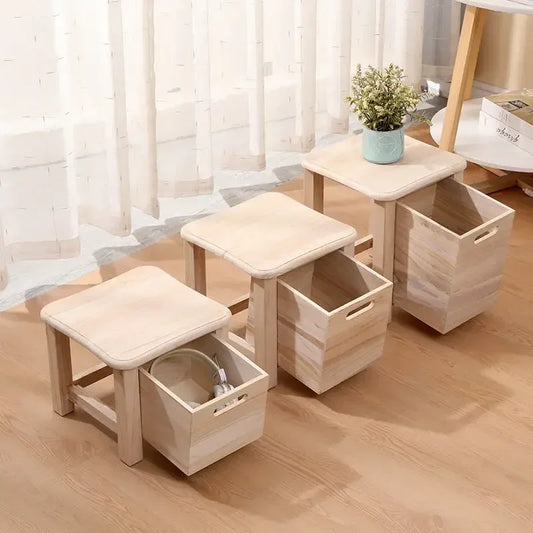 No-EN-Name-Null Modern Beige-Brown Solid Wood Square Shaped Smooth Hard Flat Top Rounded Corners One-Drawer Storage Chest Stools