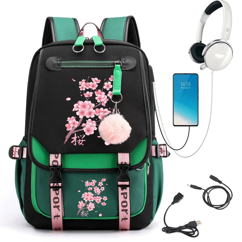 No-EN-Name-Null Women Black-Pink Cherry Blossoms External Double Front Pockets Multicolor Canvas Fabric Curve Back Metal Zipper USB Charging Nylon Lining Detachable S-Shaped Shoulder Straps-Handle School Backpacks/One IPAD Compartment/Side Pocket