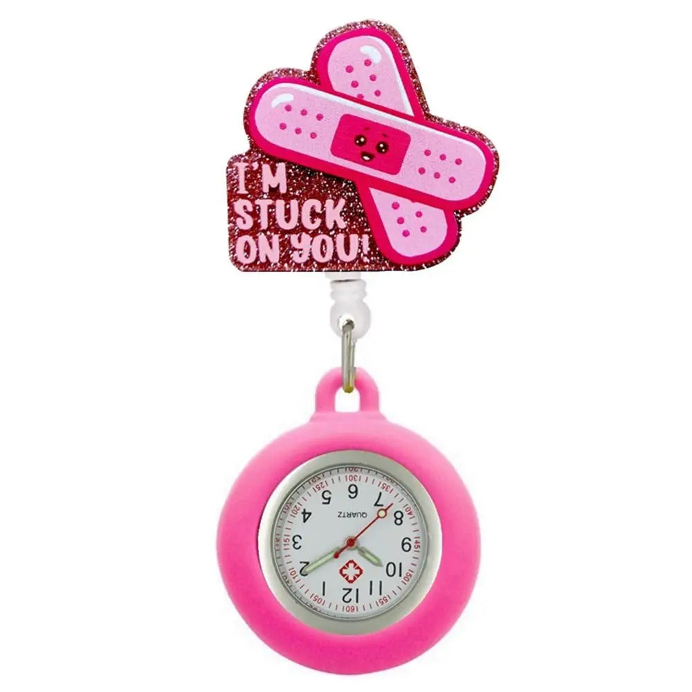 No-EN-Name-Null Adults Digital Movement Pink Plastic Round Cover Retractable Cartoon Anime-I'm Stuck On You!-2 Pink Band-Aid White Watch Face Arabic Numeral Nurse-Doctor Metal Fob Watch Brooches-Lapel Pins/ Colors-Pink/Black/Blue/Red/White/Multicolor/Dots