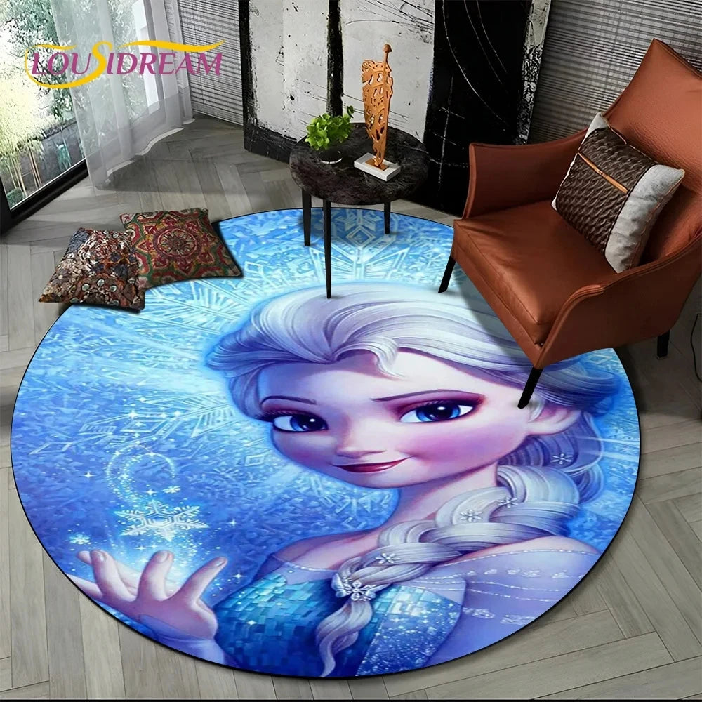 MINISO Indoor-Outdoor Kids Blue Background Round Shaped DISNEY'S Frozen II Movie Cartoon Anime Princess Elsa-Anna-Olaf Design Skid-Proof Bottom Polyester-Flannel Rugs/Colors-Blue/Red/Black/White