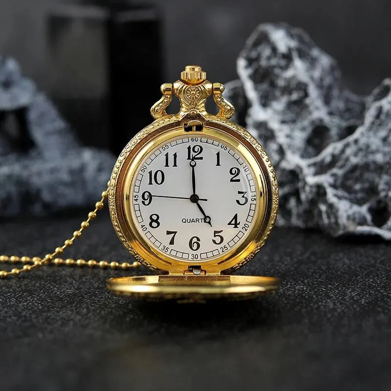 DIJANES Adults Quartz Analog Display Imitation Black Round Shaped Metal Alloy Case Abrasion-Resistant Glass Face Engraved Natural Floral Cannabis Leaf Design Pendant Chain-Pocket Watches