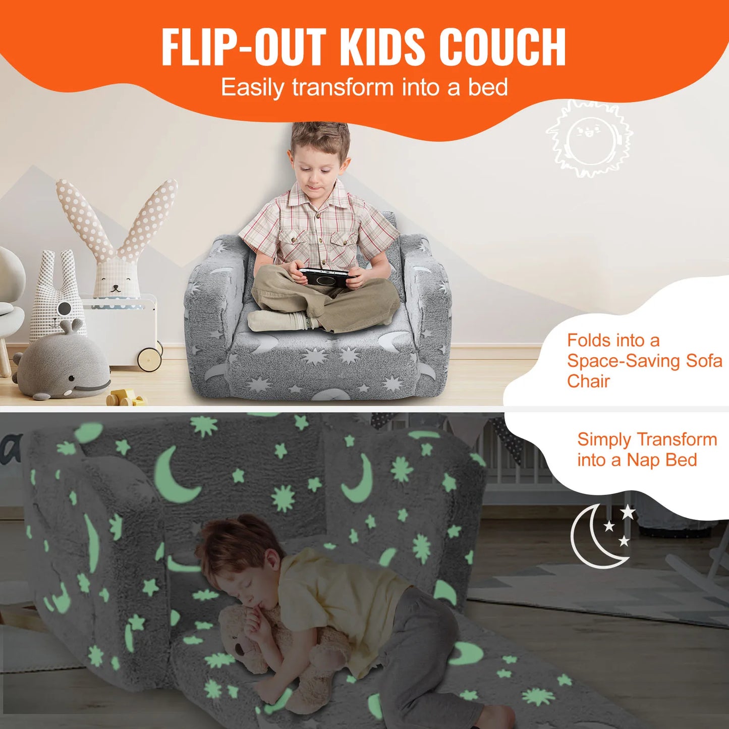 Kids Polyester Fold-Out Cartoon Stars-Moon Pattern Soft Comfortable Fleece Fabric Foam One-Seat Armchair Sofas/Colors-White/Gray