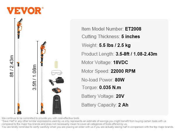 VEVOR Outdoor DC-Powered Rechargeable Battery-Powered 2-in-1 Cordless Orange-Black-Silver Pole Saw-Mini Woodcutting Chainsaw Sets/Outdoor Battery Charger/20V 2Ah Battery/Colors-Orange/Black/Silver