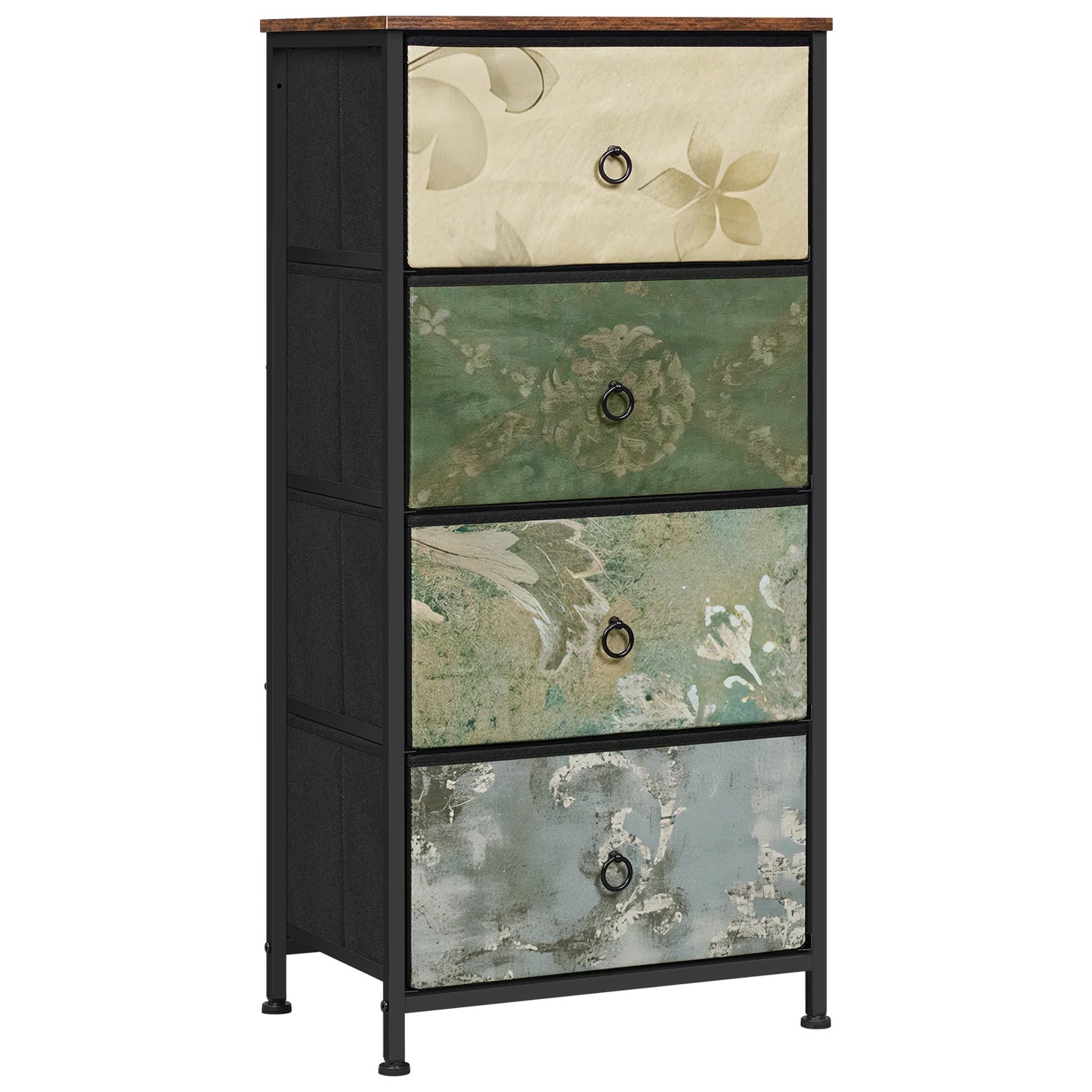 WOLTU Modern Vintage Brown Wood Narrow Dark Gray Floral Motif Pattern Four Non-Woven Fabric Drawers Sideboard Dressers/Colors-Dark Gray/Floral/Vintage Brown