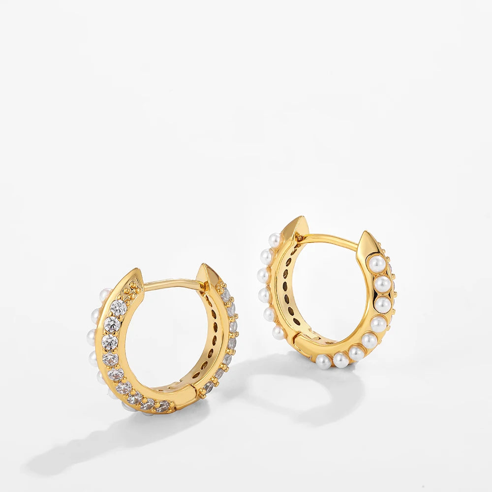 EARPELS Adult Women Fine Imitation Copper Gold Plated Plastic Resin Small Round Circle Inlay Clear Cubic Zirconia-White Pearls Hoop Huggies Earrings/Colors-Clear/Gold/Geometric