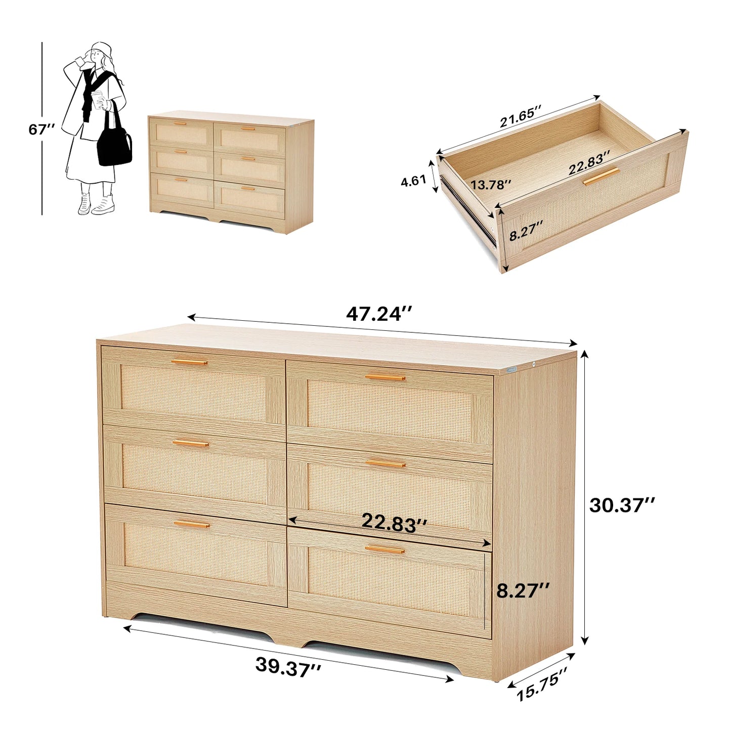 No-EN-Name-Null  Modern Countryside Brown Rectangle Waterproof Scratch-Resistant Six Drawers Decorative Gold Handles Integrated Table Legs Rattan Wicker MDF Wood Dressers/Colors-Red/Beige/Brown/White/Size: 39.37X15.75X30.37inch