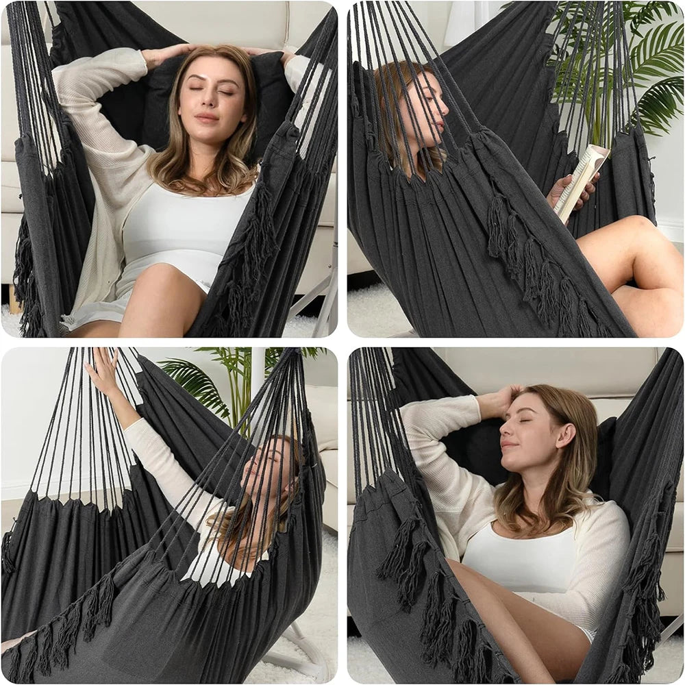 Retro Cotton Weaved Hammock Hanging Swing Chair/ 2 Cushions / Large Pocket/Weight Max 500 lbs/Colors-Black/White/Gray/Beige/Multicolor