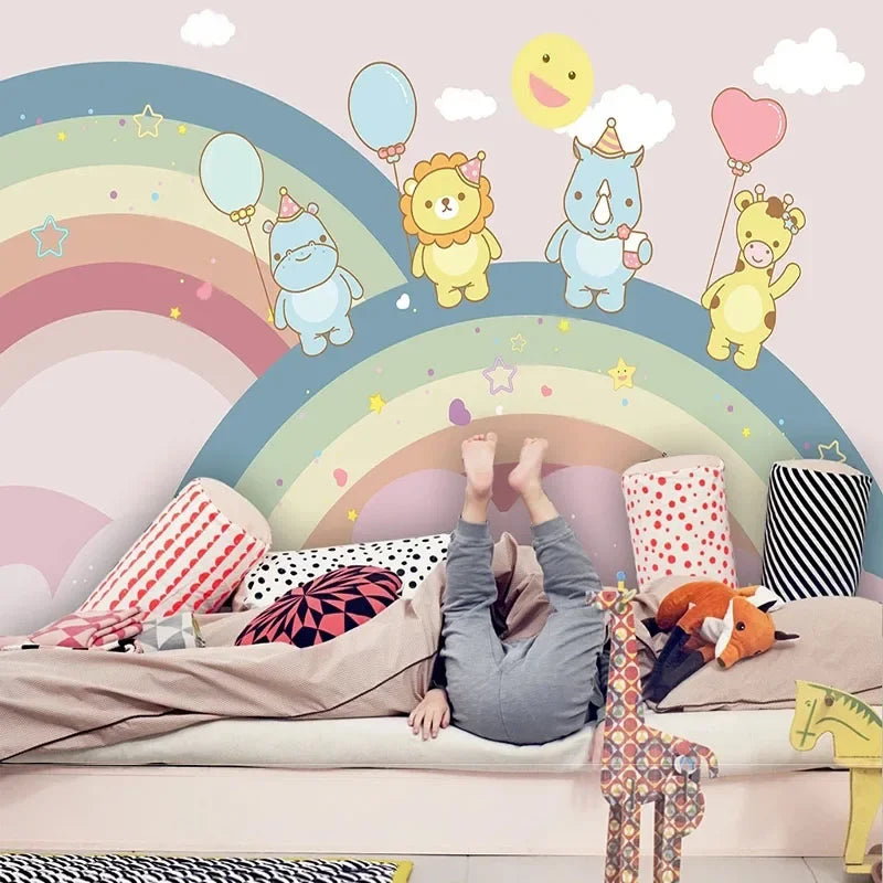 JIADOU Kids Modern 3D Waterproof Canvas Self-Adhesive Customized Printed Two Rainbow Hippo-Lion-Rhino-Giraffe Holding One Balloon Peel-N-Stick Mural Wallpaper/Requires Paste