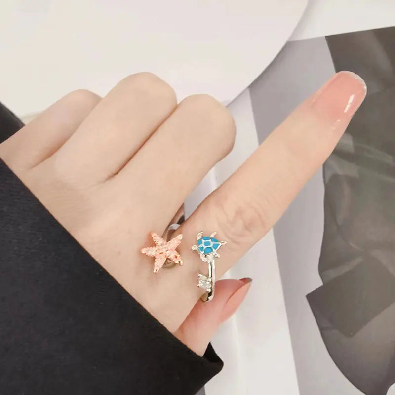KOFSAC Women-Girls Sterling Silver Metal Austrian White Crystal Cubic Zirconia Tension Mount Twisting Cute Inlaid Pearl Starfish-Blue Stones Turtle Sea Creatures Design Rings
