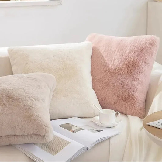 Beige 100% Polyester Ultra Soft Warm Plush Faux Rabbit Fur Plush Throw Pillow COVERS/