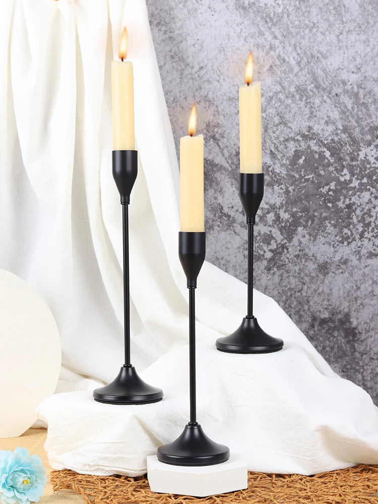 Modern 3 PCS European Round Black Metal Tabletop Stick Candle Holders Sets/Colors-Black/Gold/Silver