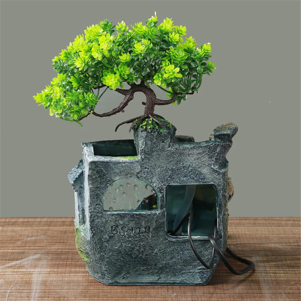 Waterfall Fountain Indoor Home Decor Feng Shui Desktop Small Rockery Simulation Tree Resin Ornaments Crafts with Led Light Gifts