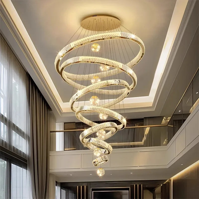 Modern Stainless Steel LED Warm Cool Twisted Ring Cord Pendant Hanging Crystal Chandelier Ceiling Lights/Dimming Remote Control/Touch On-Off/Colors-Gold/Silver