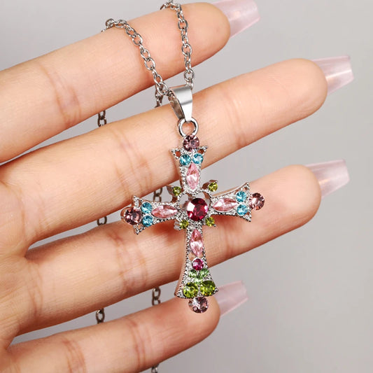 Women Imitation Cross Chain-Link Pendent Colorful Zircon Stone Necklaces/Colors-Multicolor/ Silver