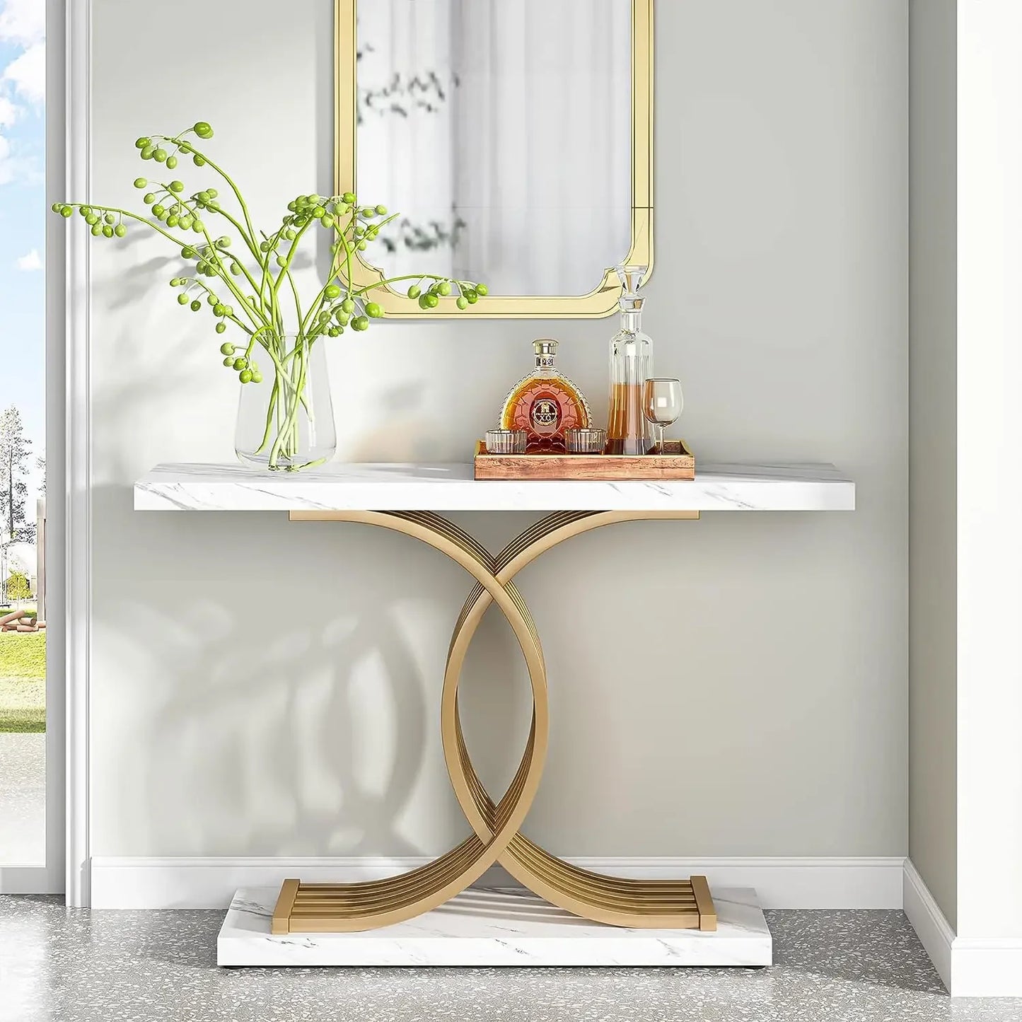 TRIBESIGNS Modern Entryway White Faux Marble Rectangle Shaped Wood Top-Bottom Rectangle Strong Sturdy Wood Base Geometric Gold Metal Frame Narrow Console Tables/Colors-White/Black/Chocolate/Dark Gray