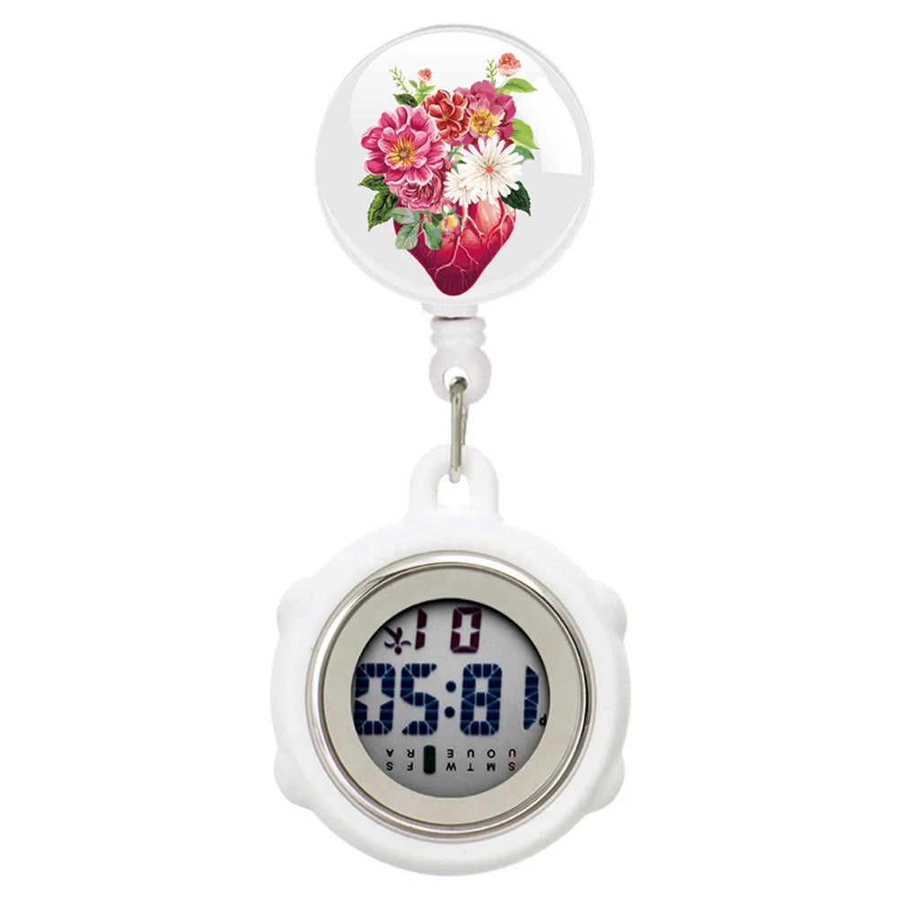 No-EN-Name-Null Waterproof Black Plastic Round Cover Glass Face Digital Display Retractable Printed Floral Anatomical Designs Nurse-Doctor Hanging Metal Alloy Fob Pocket Watches/Colors-Black/White/Pink/Blue