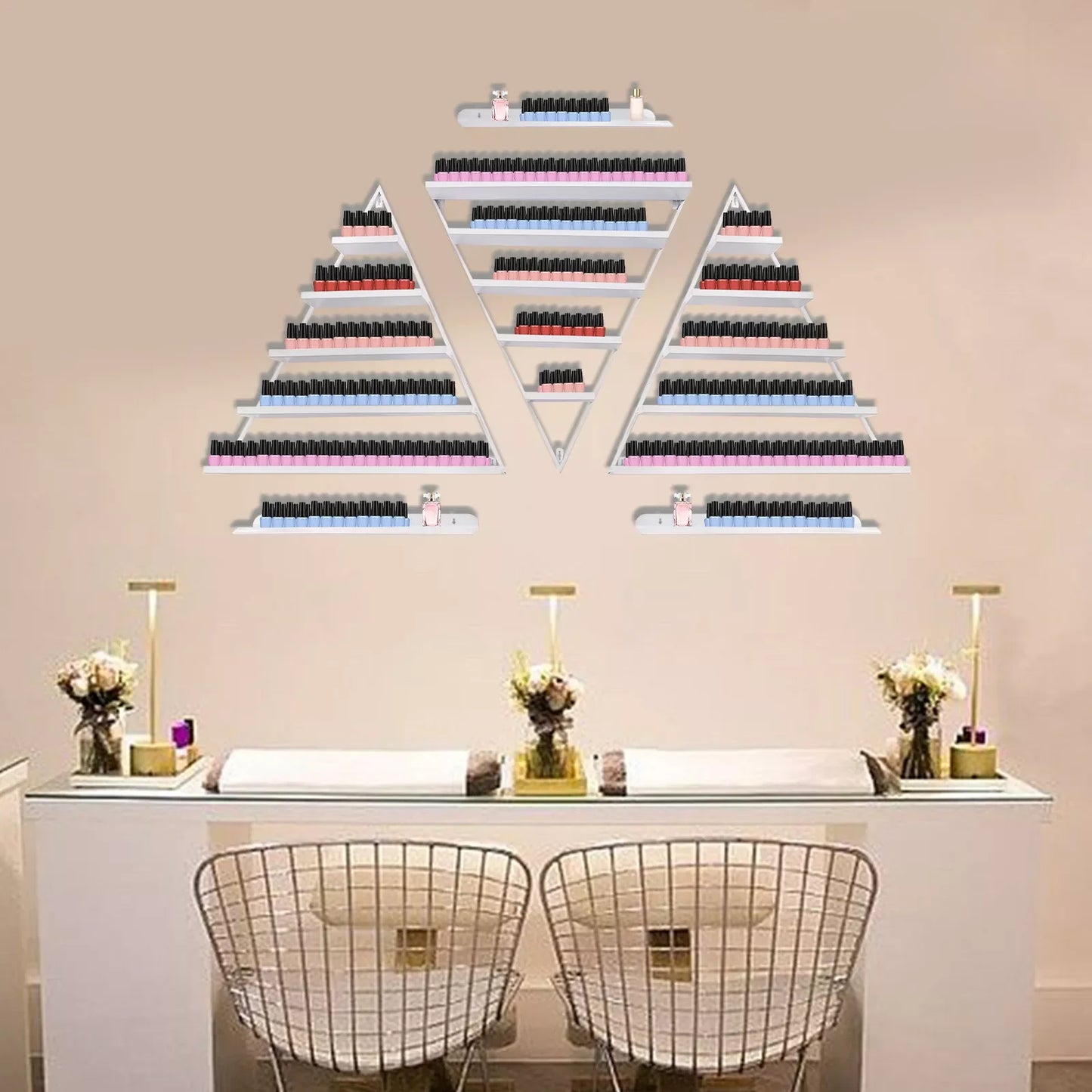 No-EN-Name-Null Modern 5-Tier Structure Round Corners Entire Triangle Shaped White Iron Metal Floating Wall-Mounted Nail Polish Retail Display Props-Models