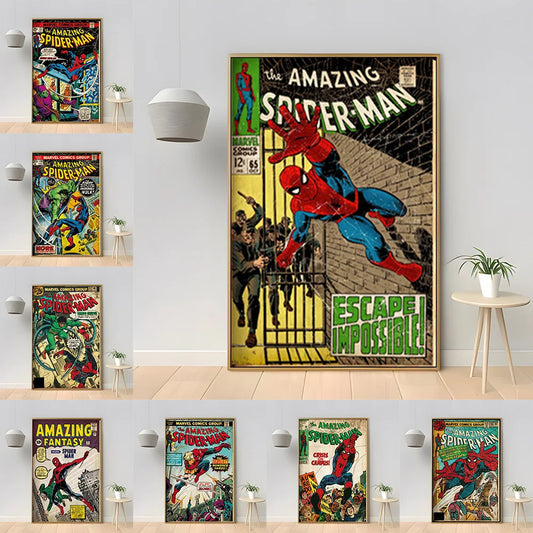 MINISO Modern Vintage Rectangle Unframed Canvas Comics Anime Cartoon Marvel Superhero Spider-Man Flat Art Wall Posters/Colors- Multicolor/Red/Black/Blue/Green