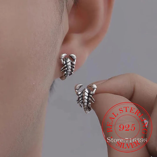 High Quality 925 Sterling Silver Vintage Scorpions Stud Earrings Hiphop Men Earring Party Jewelry Christmas Birthday Gift