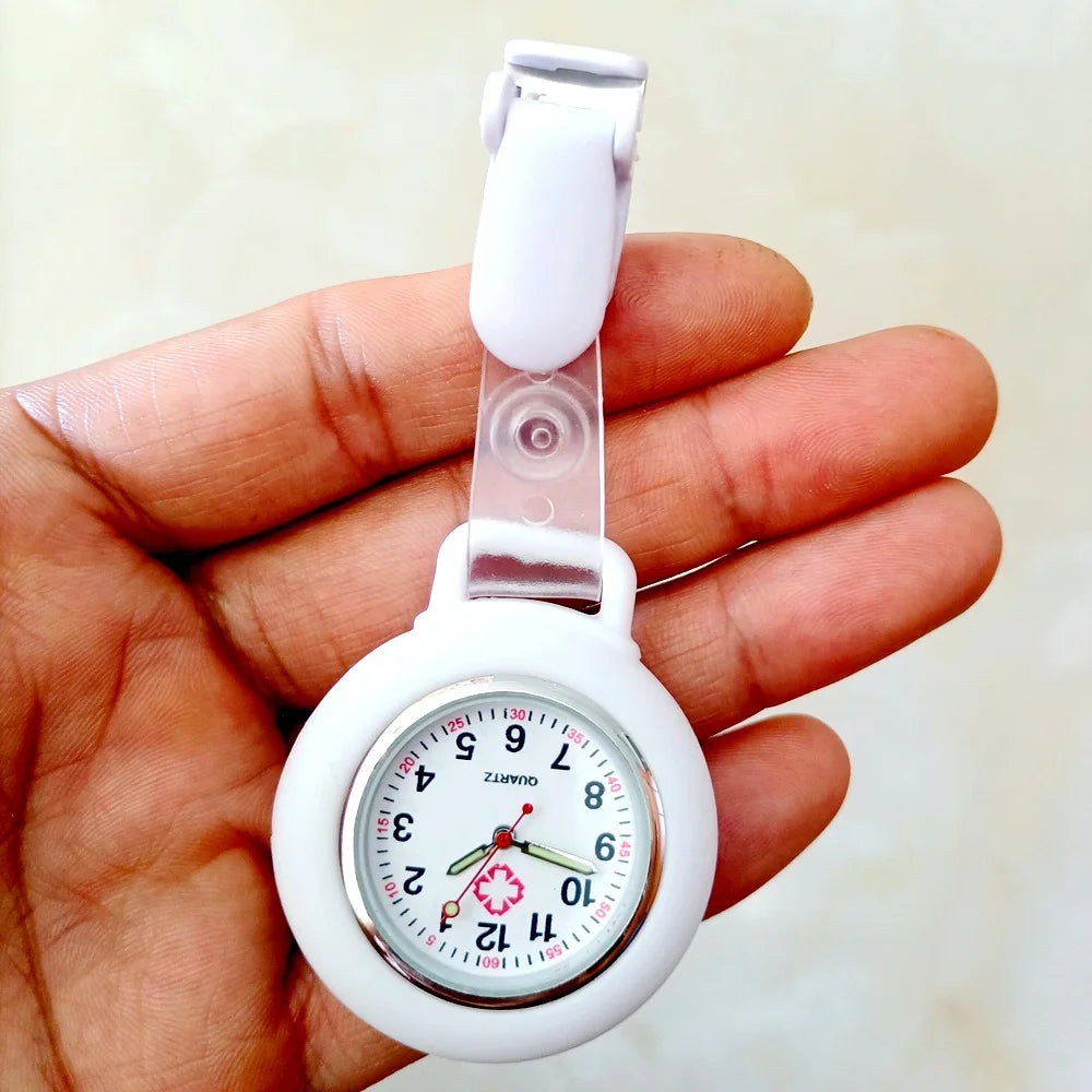 No-EN-Name-Null Adults Waterproof Quartz Analog Display Nurse-Doctors Glass Face Round Metal Alloy Case Red Silicone-Rubber Covered-Straps Arabic Numeral Clip-On Fob Pocket Watches /Colors-Pink/Red/White/Black/Purple/Light Blue/Blue