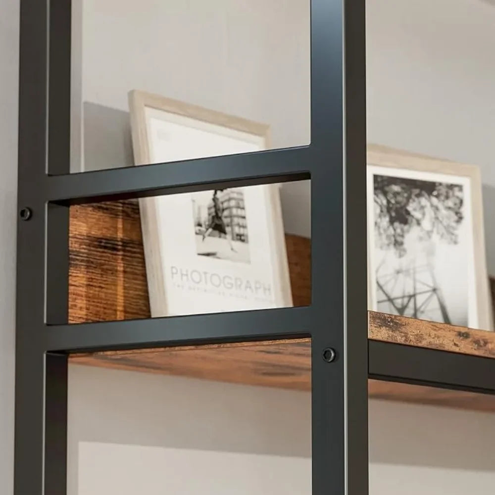TONGYUE Indoor Modern Black-Brown Industrial Iron Metal Frame Engineered Wood Corner Bookcases-Shelves/Left Side- Size: 11.8" D x 43.3' W x 78" H/Right Side- Size:  11.8" D x 35.4" W x 78" H