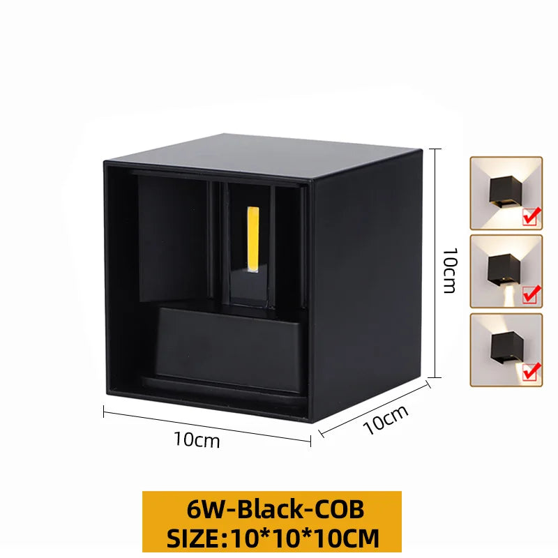 ERTIMELED Modern Outdoor-Indoor Waterproof Black Square Aluminum Metal Box Shaped Tempered Glass Adjustable Warm-Cool White LED Lights Up-Down Wall Light Fixtures /Bulbs Included
