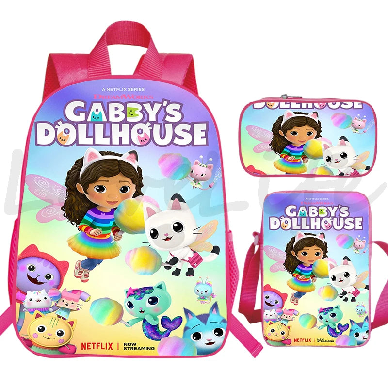 JUNBIE Kids Waterproof Pink Nylon Fabric Cute Cartoon Gabby's Dollhouse Design Zippers Curve Back Shoulder Straps-Handle Built-In Laptop Compartment External Pockets Backpacks/Colors-Pink/Multicolor