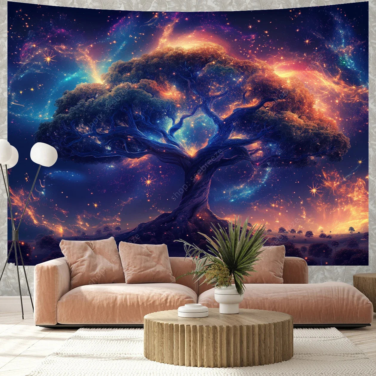 Colorful Green Forest Red Mushrooms Water Flowing Printed Polyester Woven Garden Of Eden Nature Tree Of Life Wall Hanging Tapestries