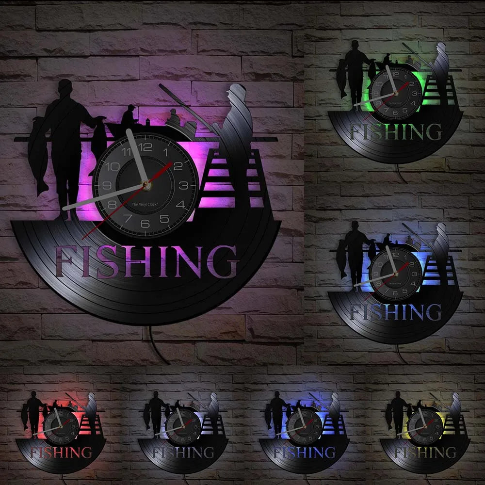 Retro Handmade Plastic Vinyl Record Gone Fishing Silhouette Of Fisherman Catching A Fish With Rod-N-Reel Wall Clocks/Battery Not Included/ 1 AA Battery Size/With-Without LED Light/Colors-Black/Geometric