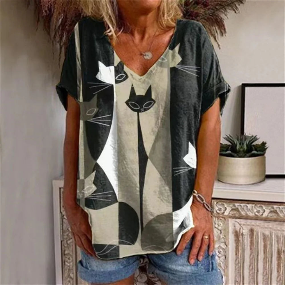 No-EN-Name-Null Women Knit V-Neck Medium Length Cute Cartoon Anime Cat Shaped Stretchable Cotton-Lycra Short Sleeved T-Shirts/Sizes: S-2XL/Colors-Green/Gray/Animal/Checkered/Floral