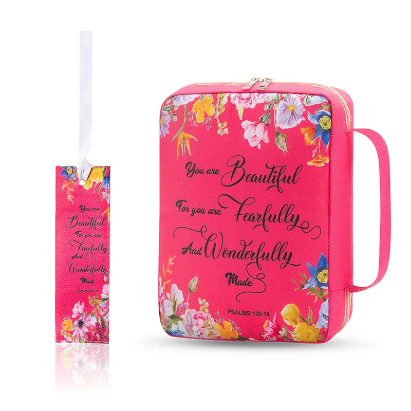 ALL GLORY Soft Handle Blue Floral Design Saying God Is Within Her She Will Not Fall Psalms 46: 5Metal Zippered Internal Pockets Nylon Fabric Polyester Lining Religious Items Bible Cover Cases/Colors-Various Floral Patterns