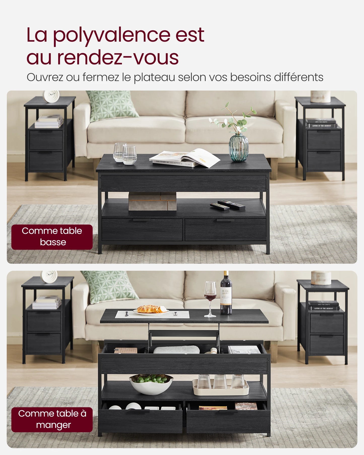 VASAGLE Lift Top Black Metal Frame Coffee Table/2 Storage Drawers/Hidden Compartments/Open Shelves/Colors-Black/Beige/Brown