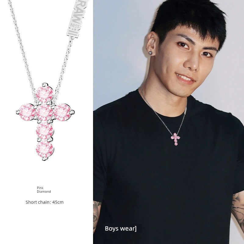 RAWNESS Unisex Couple's Fine Imitation Titanium Steel Metal Gold-Plated BIG Inlaid Artificial Gemstones Multicolor-Clear White Shiny Diamond-Like Moissanite Stones Cross Pendant Chain Hip Hop Necklaces/Colors-Gold/Sliver/Pink/Blue/Clear/White