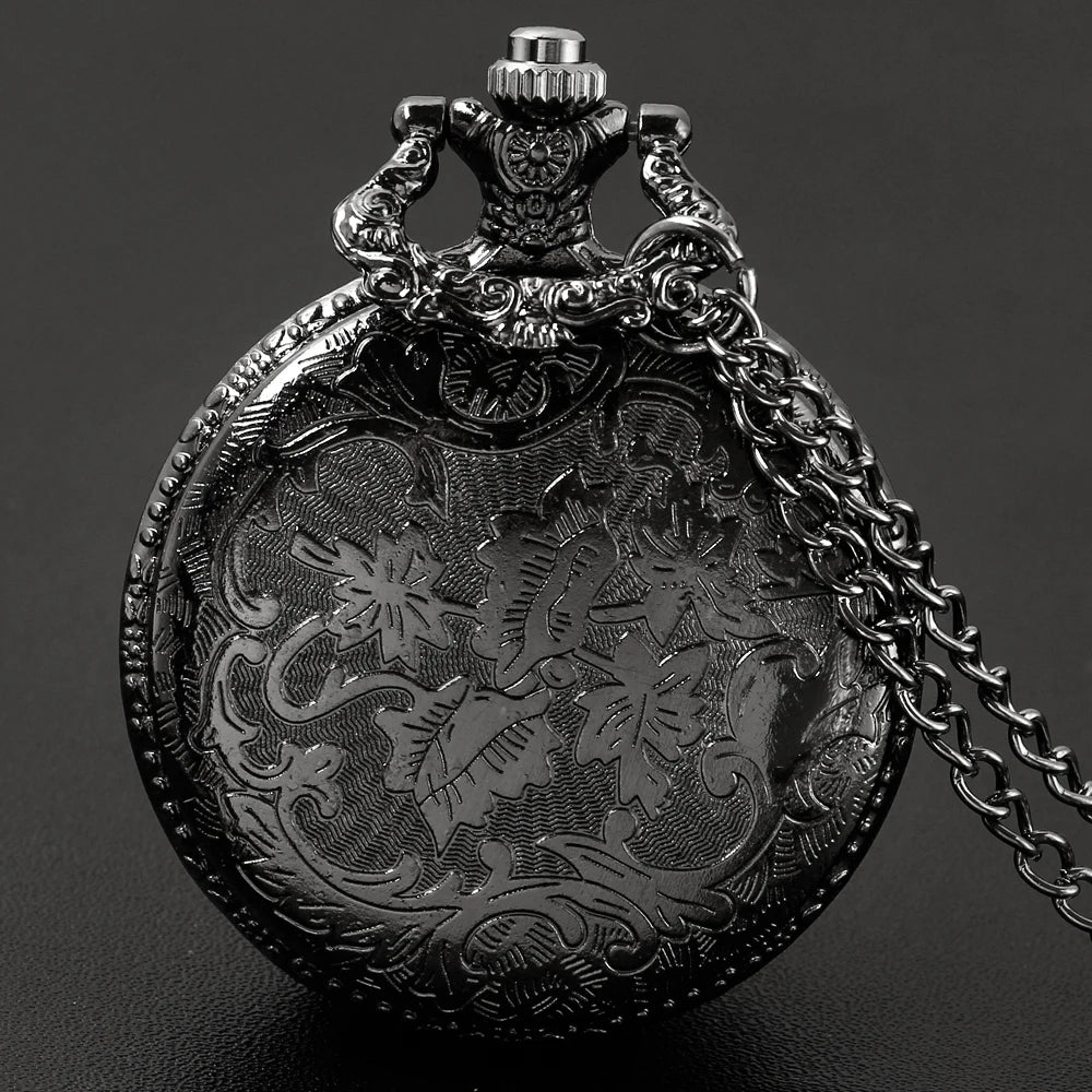 SHUHANG Unisex Adults Waterproof Vintage Antique Acrylic Face Black Round Shaped Quartz Movement Stainless Steel Metal Case Analog Display All Black Roman Numeral Hallow-Out Garden Of Eden Tree Of Life Sweater Necklace Chain-Pocket Watches