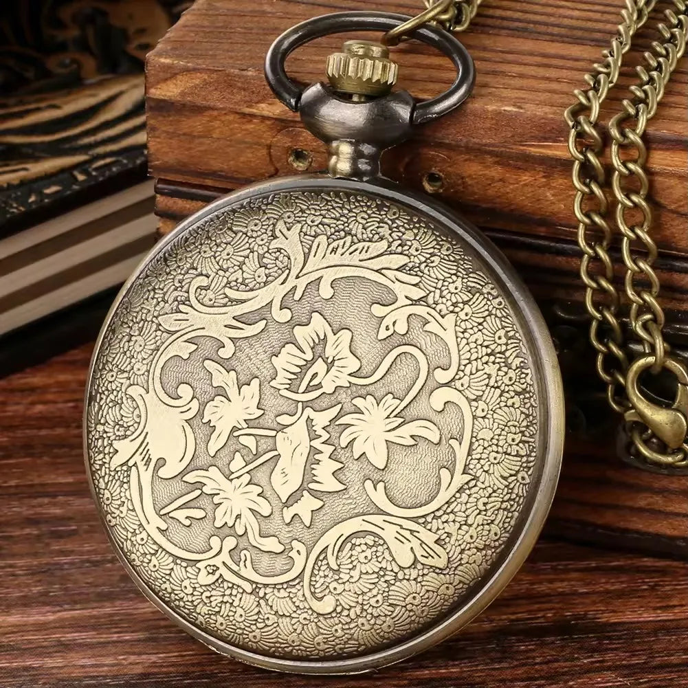 No-EN-Name-Null Adults Antique Brown Bronze Quartz Digital-Analog Display Round Metal Alloy Case Glass Face Hollow-Out Steampunk Gears Roman Numeral Front-Floral Back Design Old Style Pendant Chain-Pocket Watches