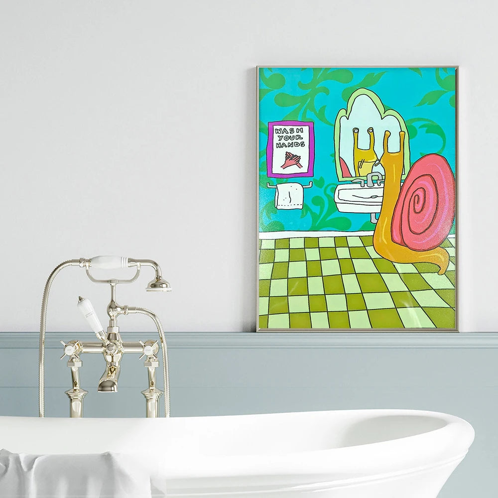 No-EN-Name-Null Modern Rectangle Unframed Canvas Cute Cartoon Funny Abstract Wash Your Hands Cute Snail Illustration Bathroom Wall Art Prints/Colors-White/Blue/Animal/Many SizesModern