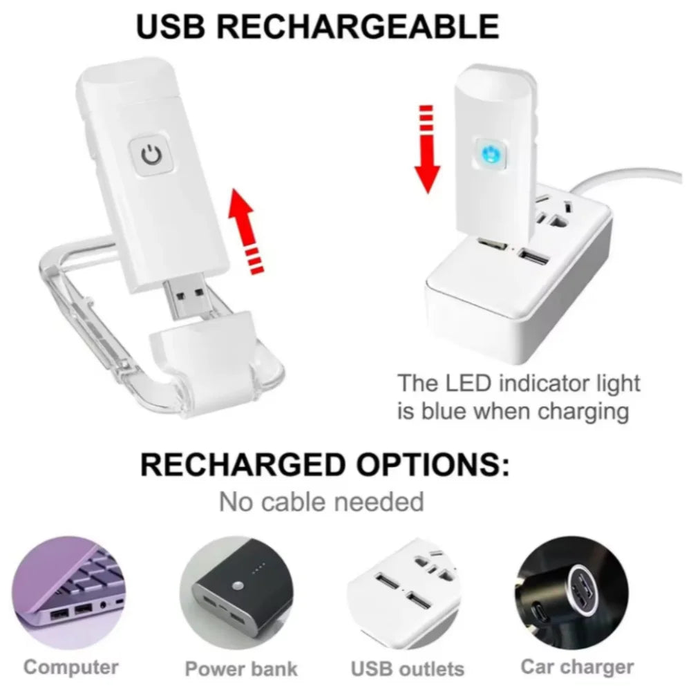 OSITE SKY Mini White Plastic Rectangle Body Warm-Cool-Daylight White LED Light Portable Foldable USB Rechargeable Dimmable Brightness Flexible Metal Clip Bookmark Reading Book Lights/Eye Protection