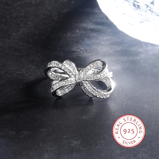 Adult Women Zircon Clear Diamond Stone Sterling Silver Metal Bow Shaped Fine Jewelry Cocktail Design Engagement Rings