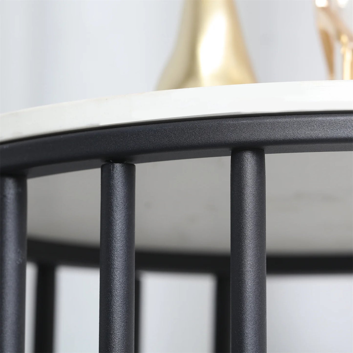 WISFOR Modern Two-Tiers Morocco White Round Shaped Marble Tops-Black Metal Frame Side End Tables