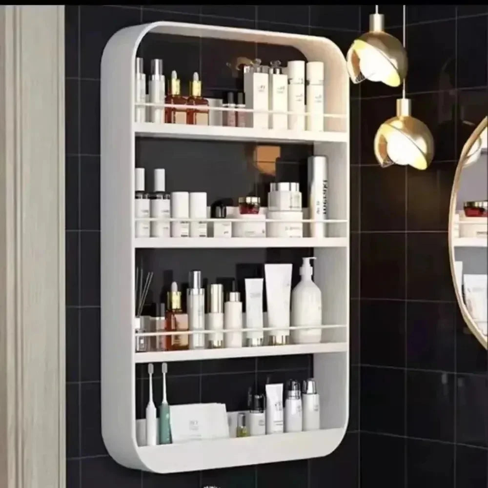 No-EN-Name-Null Modern White-Black Round Corners Vertical Rectangle Steel Metal Four Glass Shelves With Fence Bathroom Wall-Mounted Caddies/Ventilate-Drains