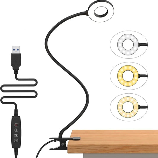 Portable LED 3 Light Modes Dimming 10 Brightness Level USB-Powered Eye-Protection Flexible Gooseneck Ring Light-Sturdy Clamp Book Lamps/colors-Black/White