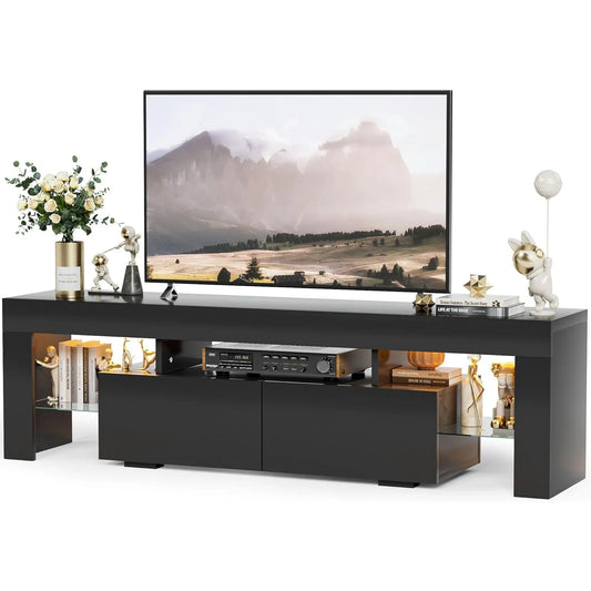 XMSJ Modern Black-White Two Glass Shelves Atmosphere 20 LED Lights TV Stands/2 Drawers/Dimension: 61" W x 13" D x 17.7" H