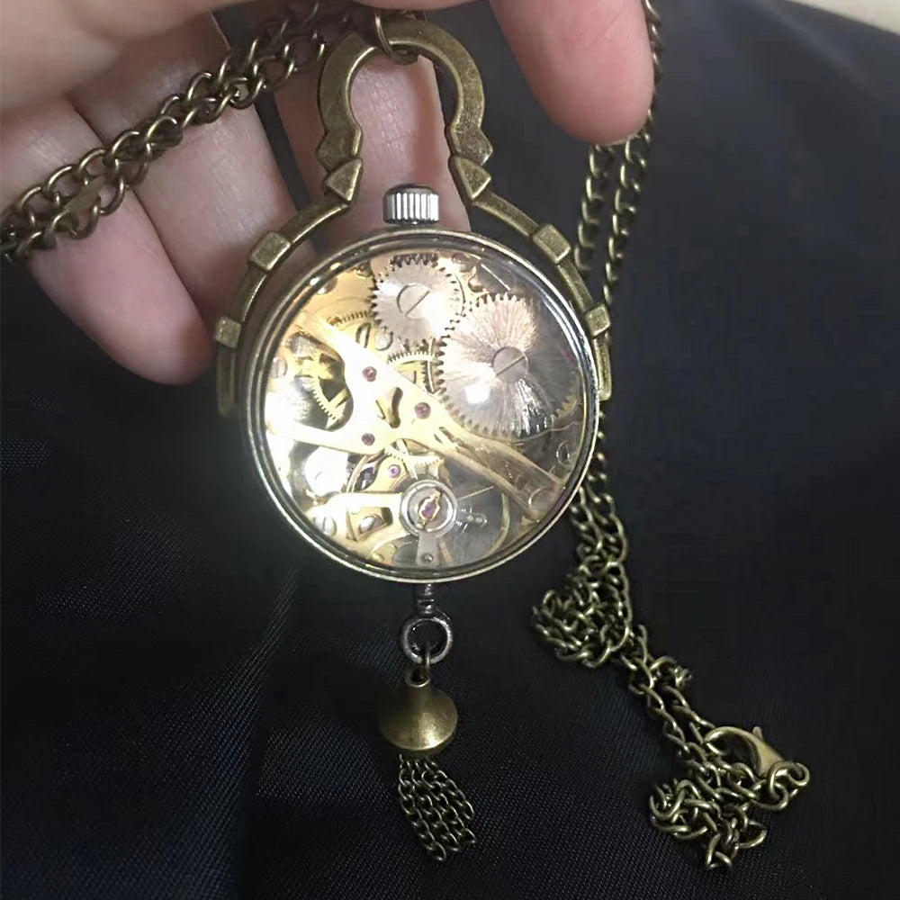 GORBEN Adults Unisex Antique Gold Round Shaped Analog Display Hand Winding Stainless Steel Metal Clear Transparent Eyeball Roman Numeral Mechanical Tassel Chain-Pocket Watches