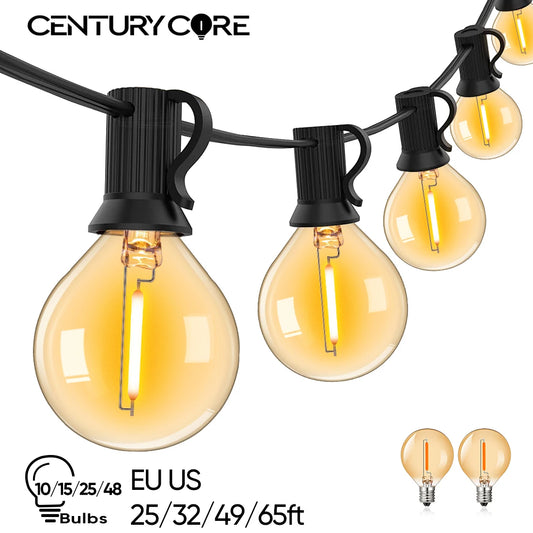 GRENSK Indoor-Outdoor Waterproof Warm White LED Light Amber Glass Globe Round Ball Shaped-Black Cable End-End Plug-In Connectors Garland Light Ropes-Strings /Colors-Black/White/Yellow/Bulb Size: G25