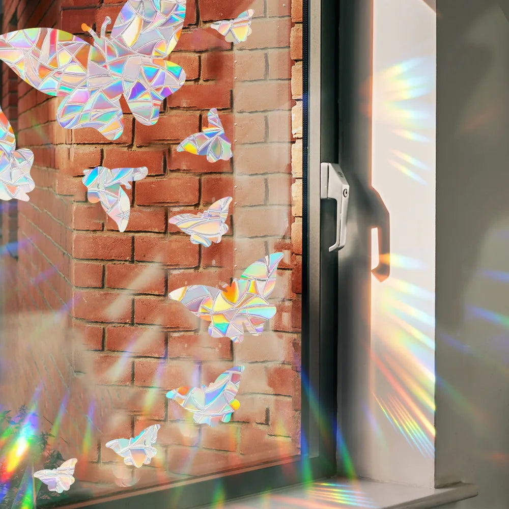 HOMEYAN Kids Non-Adhesive Plastic Film Geometric 3D Rainbow Colors Butterfly Shaped Plastic-Film Wall-Window Glass Stickers Suncatchers/Glue-Paste Needed