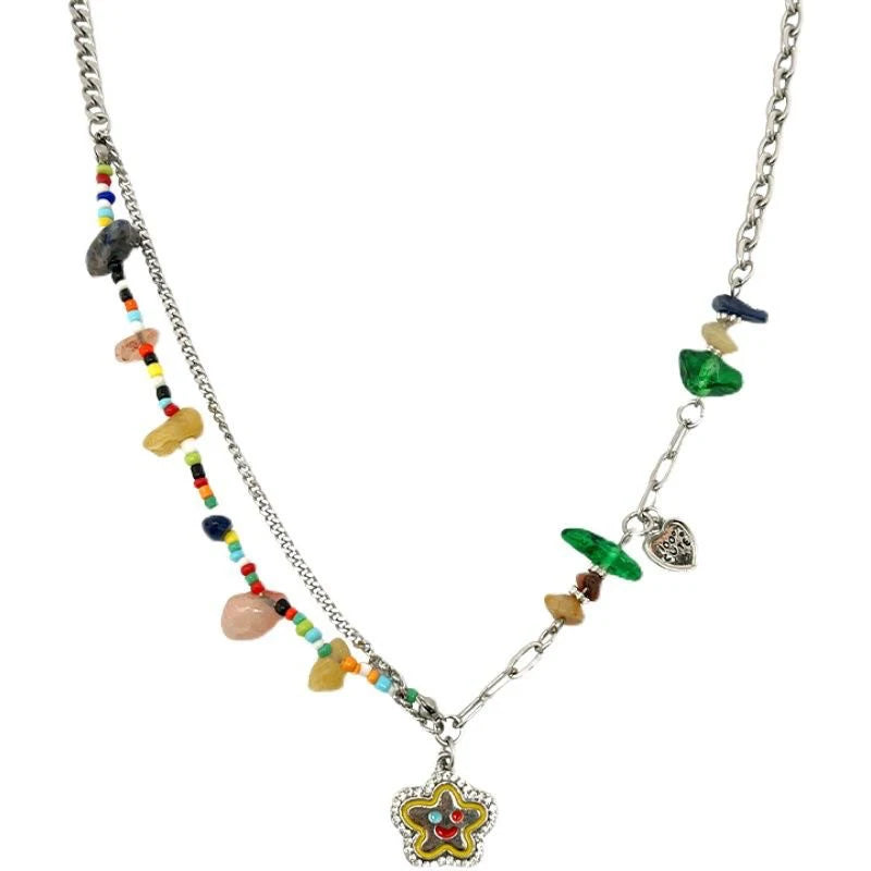 No-EN-Name-Null Adults Women Vintage Imitation Zinc Alloy Metals Imitation Bohemian Natural Crystal Stones Flower Dangle-Hearts-Smiling Star Multicolored Beaded Pendant Necklaces/Colors-Floral/Multicolor