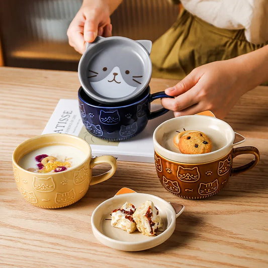 Kitchen Round Japanese Ceramic Funny Cartoon Cute Cat Coffee Mugs-Creative Cover/Colors-Blue/ Brown/Milk Yellow