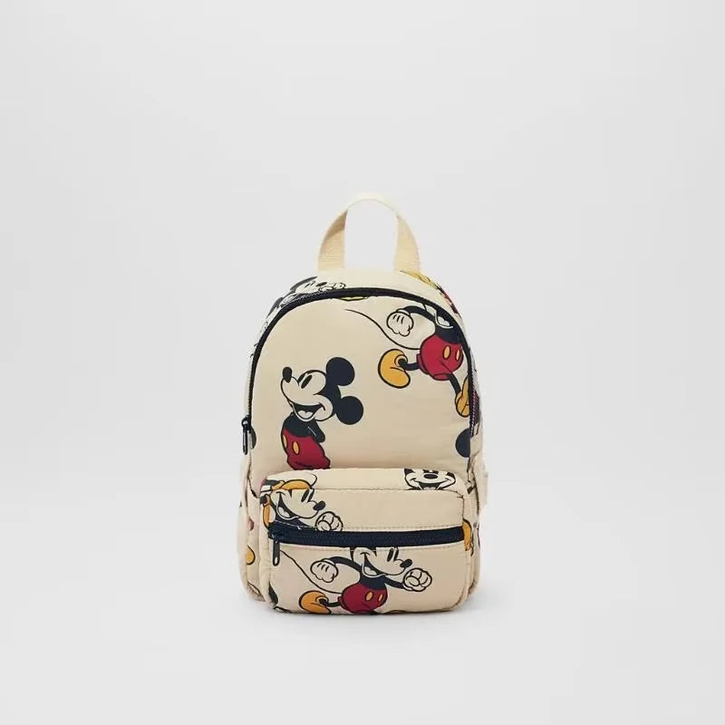 MINISO Kids Mini Disney Beige Cute Cartoon Mickey Mouse Black Metal Zippers-Detachable Front Pocket Lightweight Waterproof Nylon Fabric Shoulder Straps-Handle School Backpacks/Single Laptop Compartment