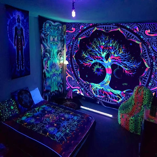 Black Background Nature Green Garden Of Eden Tree of Life Spiritual Polyester Wall Tapestries/Use Blacklight To See The Colors