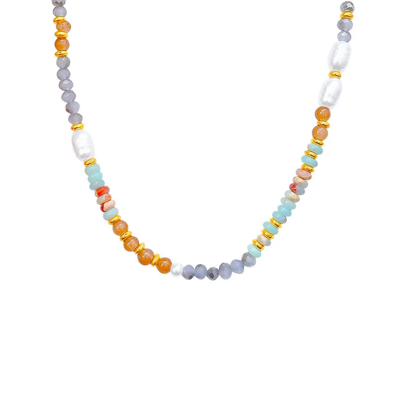 YERIK Adult Women Fine Imitation Stainless Steel Handmade White Pearls-Multicolor Beaded Necklace-Bracelet Jewelry Sets